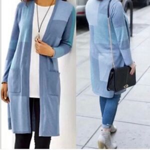 J Jill Blue Color Block Long Line Cardigan Patchwork Pattern Blue Sz SP